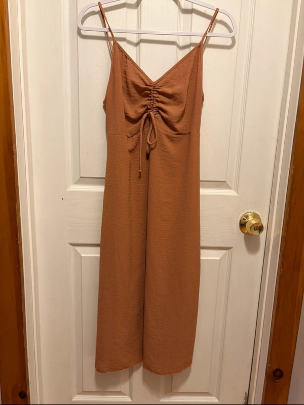See You Monday Copper-Brown Ruched Spaghetti-Strap Midi Slip Dress